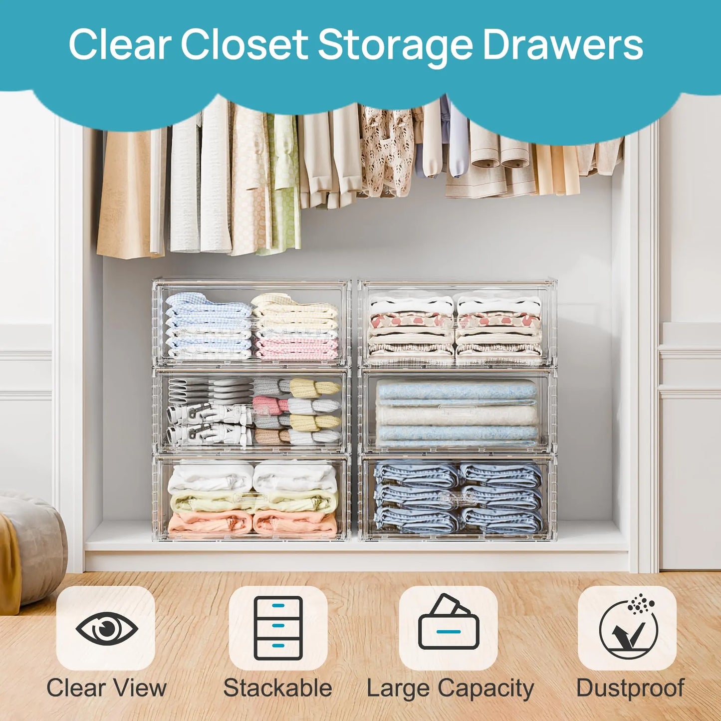 Vtopmart 2/5 Pack Large Clear Rectangle Stackable Drawers 18-23QT, Easily Assembled Plastic Organizer Storage, Dustproof Clothes Storage Organizer for Closet, Underbed Use,DormRoomHacks