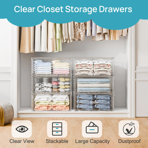 Vtopmart 2/5 Pack Large Clear Rectangle Stackable Drawers 18-23QT, Easily Assembled Plastic Organizer Storage, Dustproof Clothes Storage Organizer for Closet, Underbed Use,DormRoomHacks
