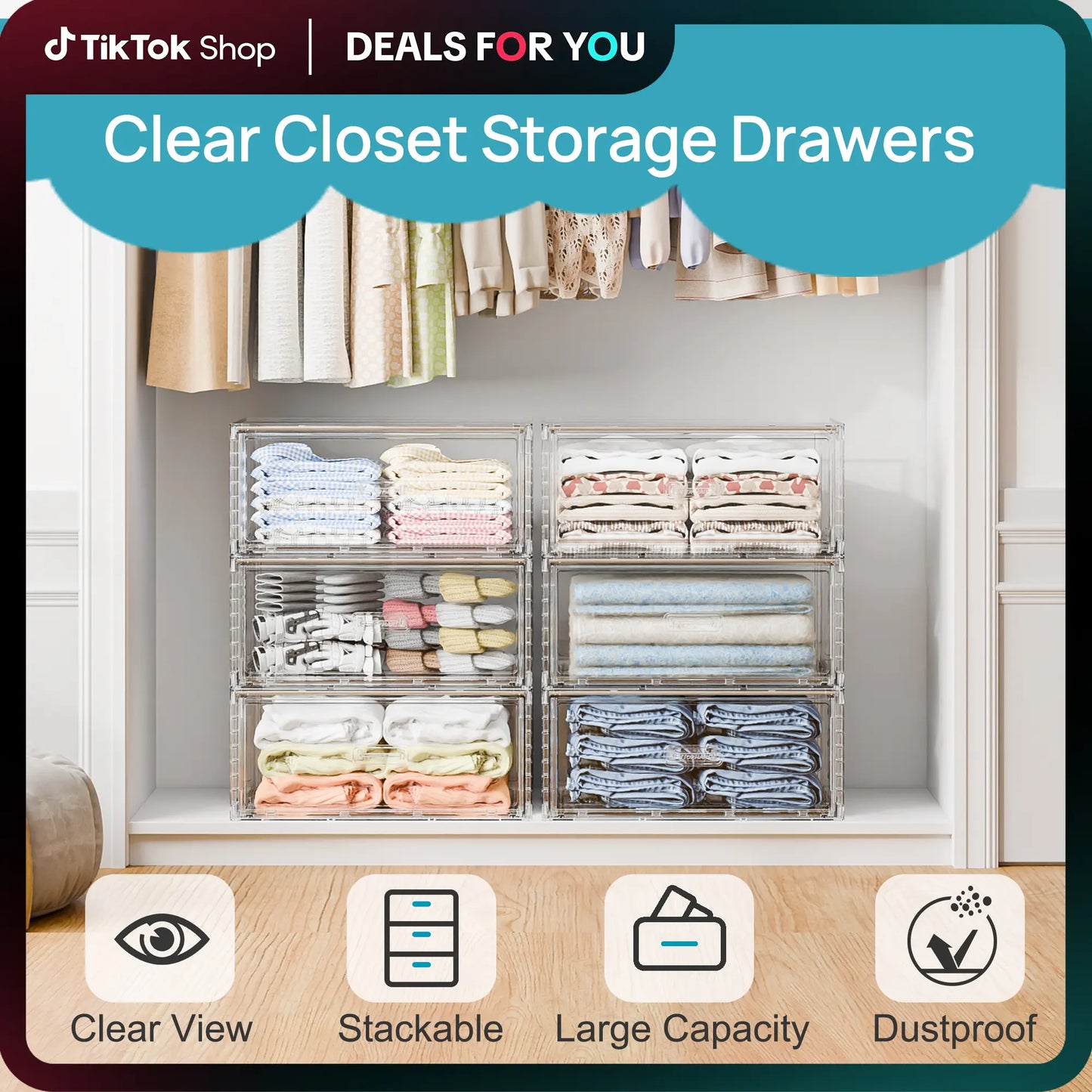 Vtopmart 2/5 Pack Large Clear Rectangle Stackable Drawers 18-23QT, Easily Assembled Plastic Organizer Storage, Dustproof Clothes Storage Organizer for Closet, Underbed Use,DormRoomHacks