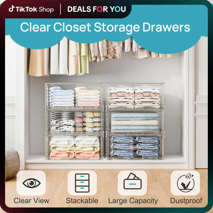 Vtopmart 2/5 Pack Large Clear Rectangle Stackable Drawers 18-23QT, Easily Assembled Plastic Organizer Storage, Dustproof Clothes Storage Organizer for Closet, Underbed Use,DormRoomHacks